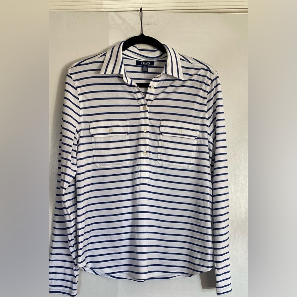 Chaps Ladies White & Navy Striped Long-Sleeve Polo Shirt. NWT